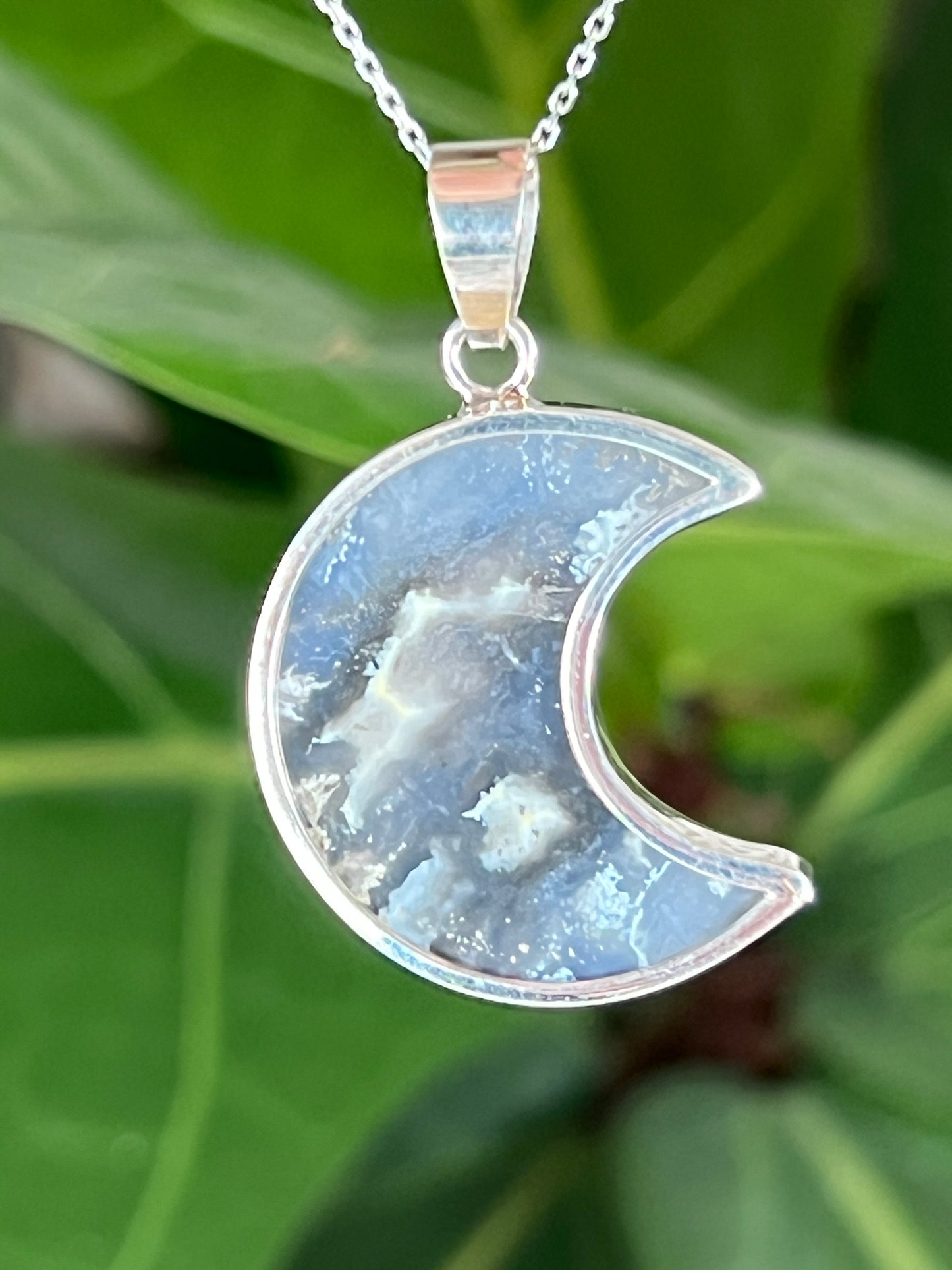 Blue Plume Agate Moon Pendant