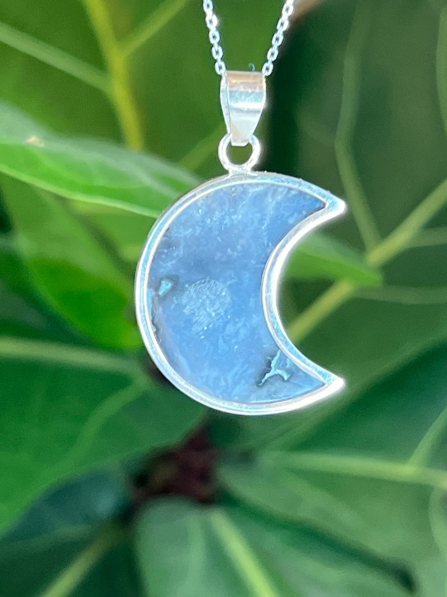 Blue Plume Agate Moon Pendant