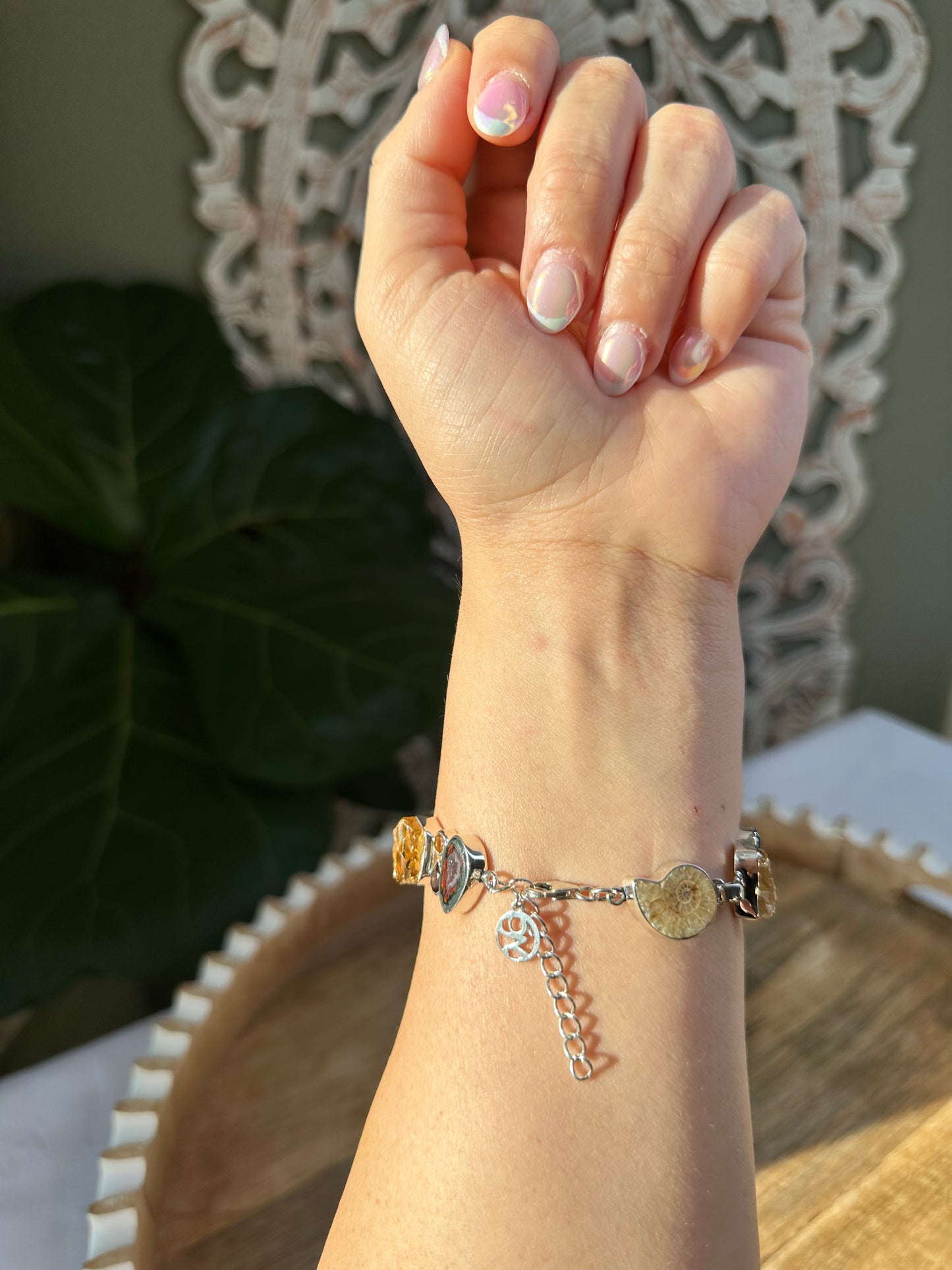 Ammonite, Citrine, Mexican Oco Geode, & Smoky Quartz Infinity Bracelet