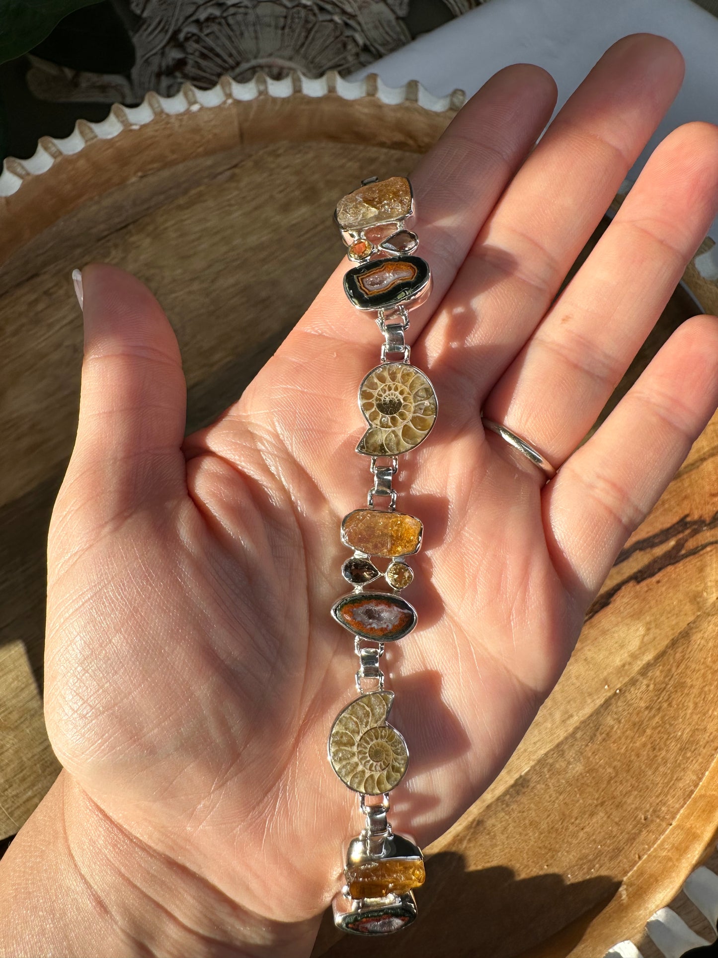 Ammonite, Citrine, Mexican Oco Geode, & Smoky Quartz Infinity Bracelet