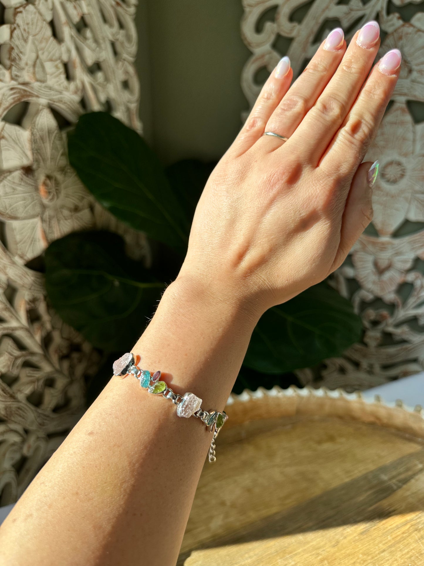 Raw Morganite, Polished Pink Tourmaline, Raw Peridot, & Raw Blue Apatite ￼Infinity Bracelet