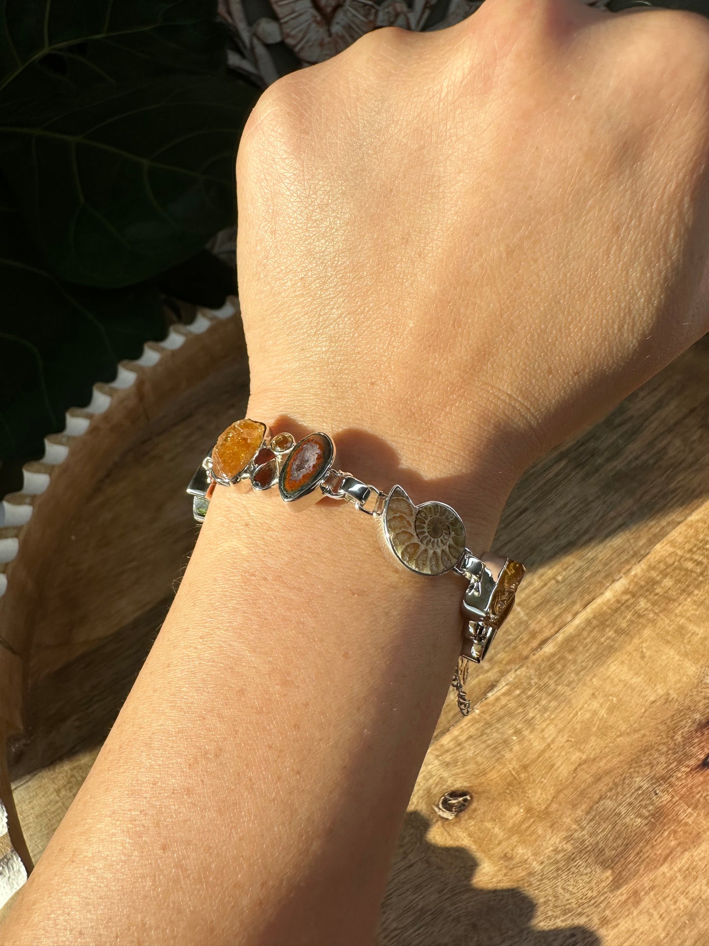 Ammonite, Citrine, Mexican Oco Geode, & Smoky Quartz Infinity Bracelet