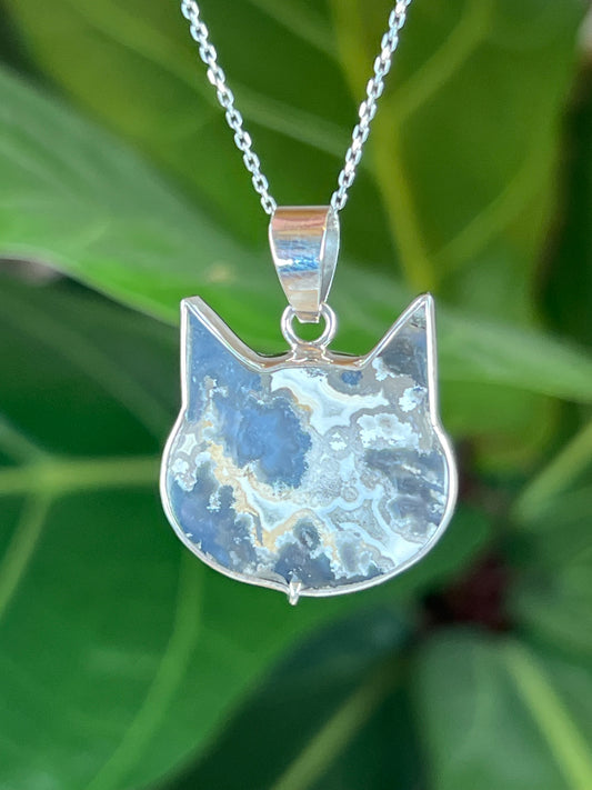 Blue Plume Agate Cat Pendant