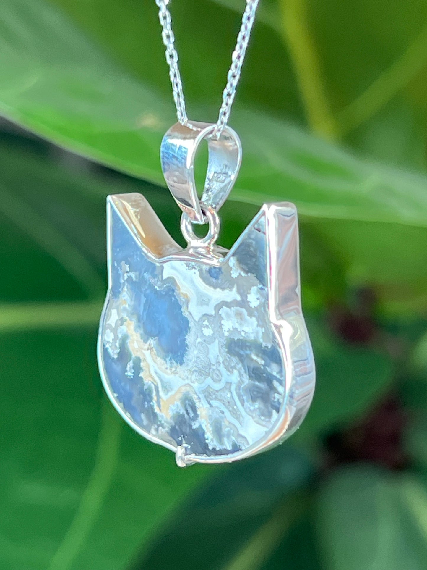 Blue Plume Agate Cat Pendant