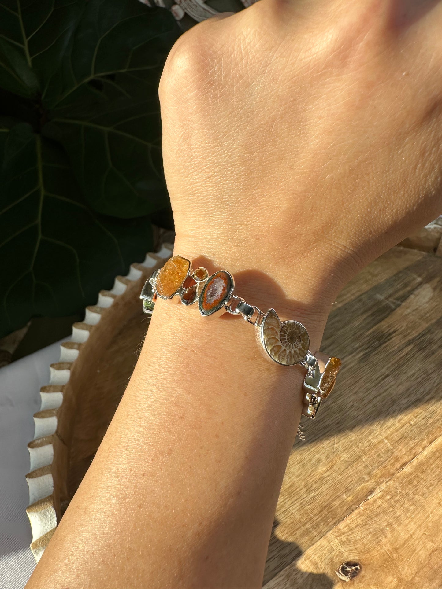 Ammonite, Citrine, Mexican Oco Geode, & Smoky Quartz Infinity Bracelet