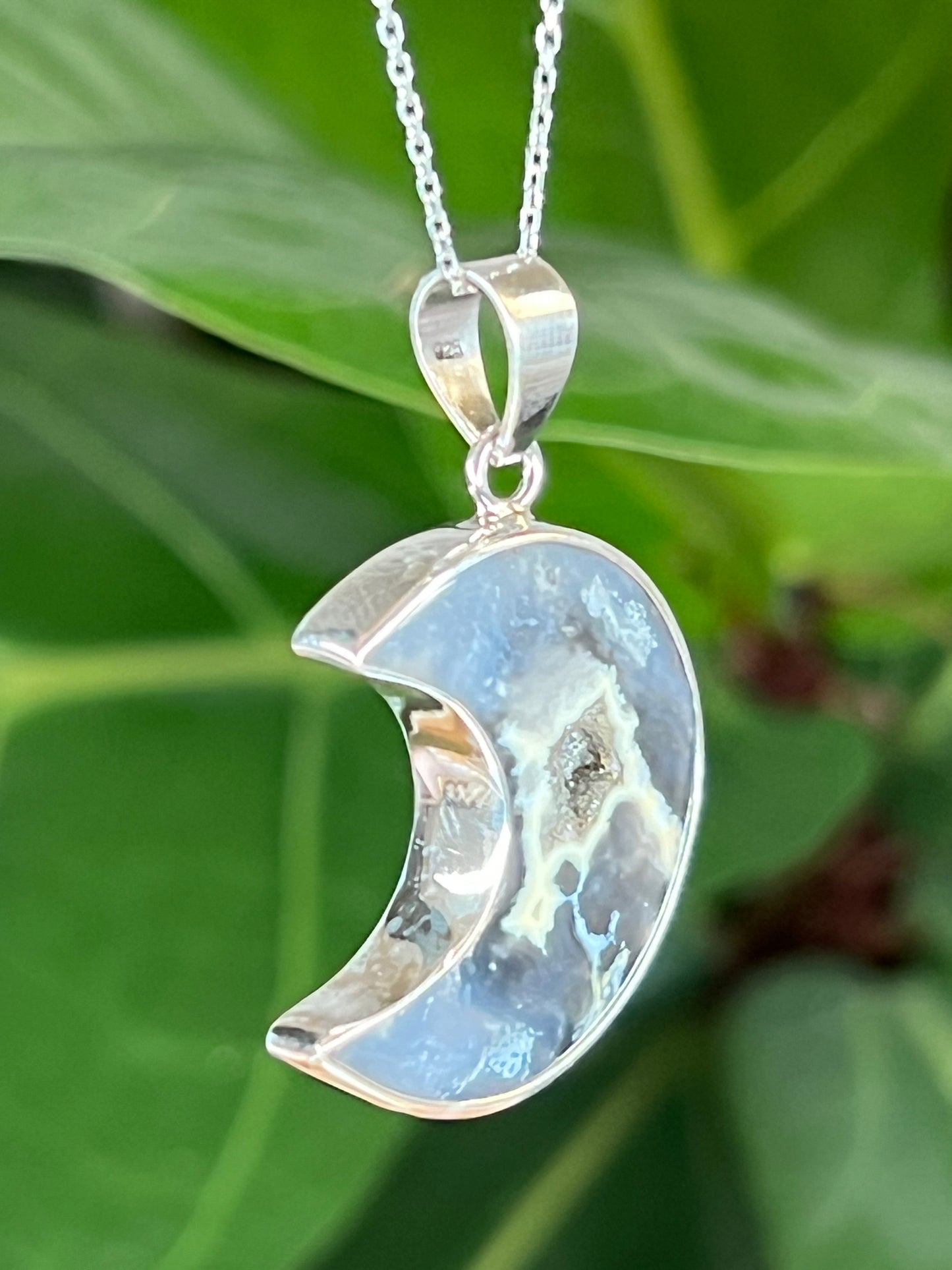 Blue Plume Agate Moon Pendant