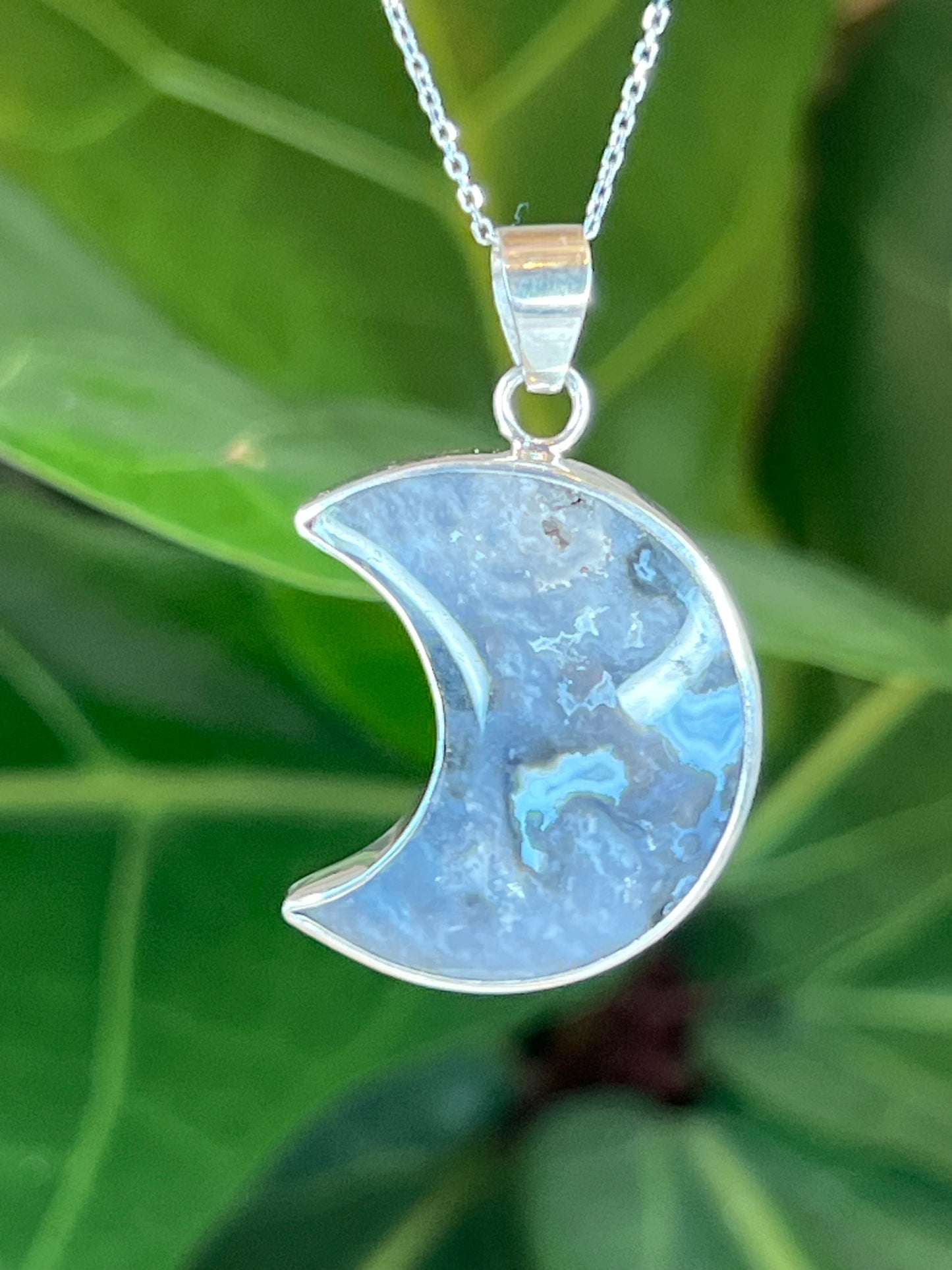 Blue Plume Agate Moon Pendant