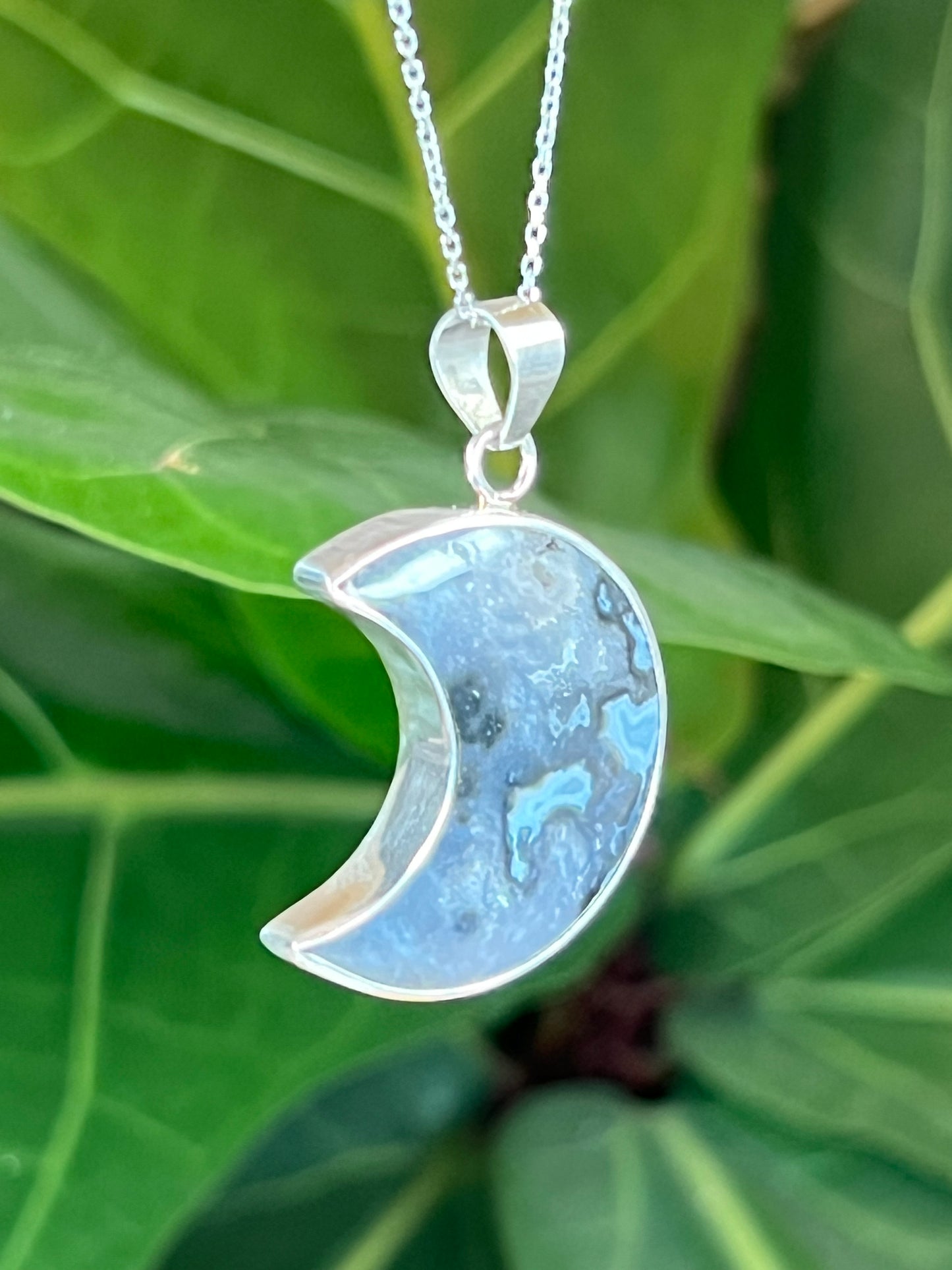 Blue Plume Agate Moon Pendant