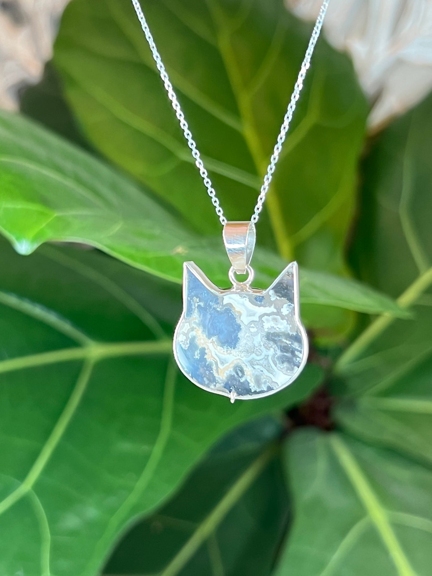 Blue Plume Agate Cat Pendant