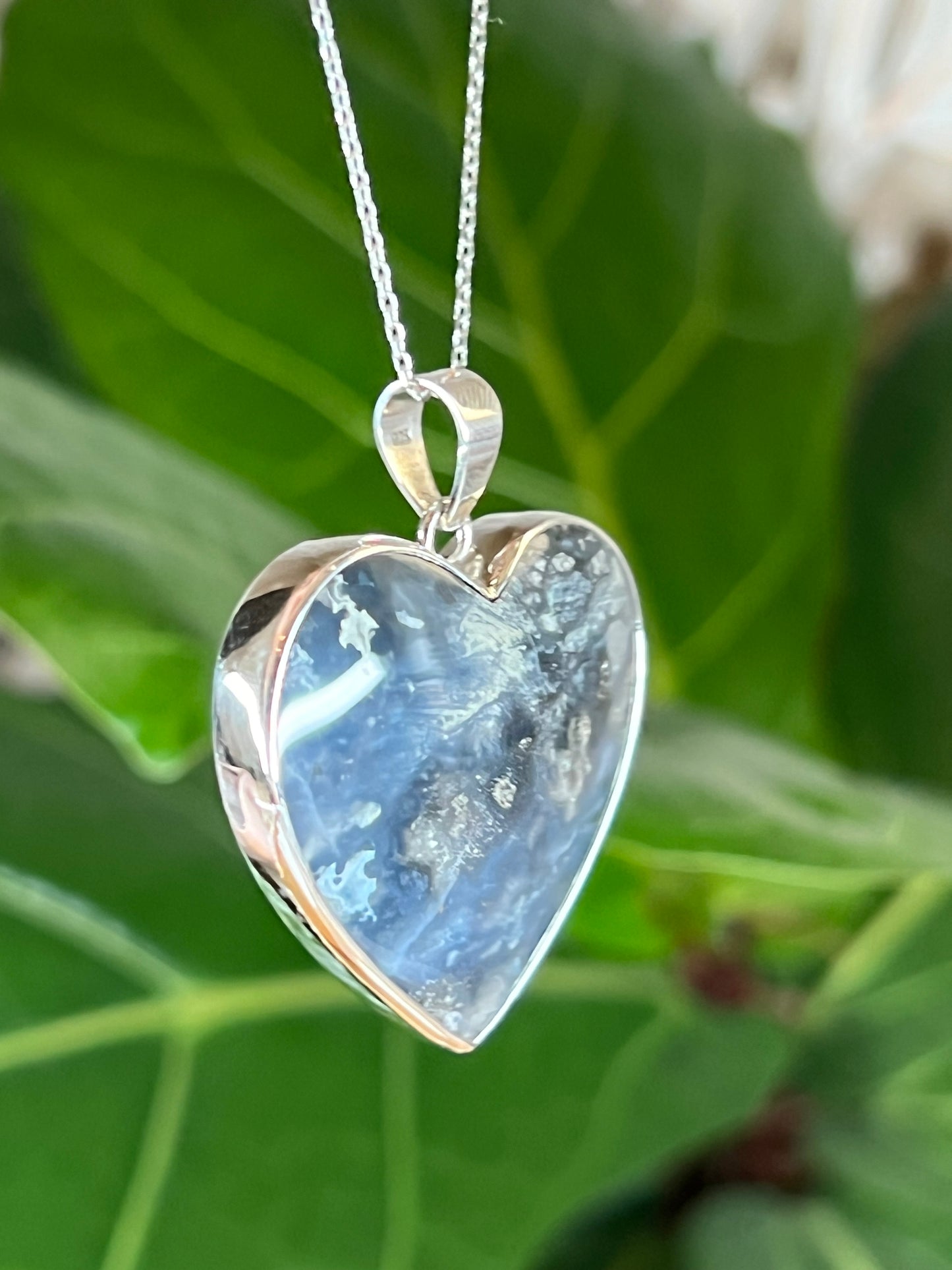 Blue Plume Agate Heart Pendant