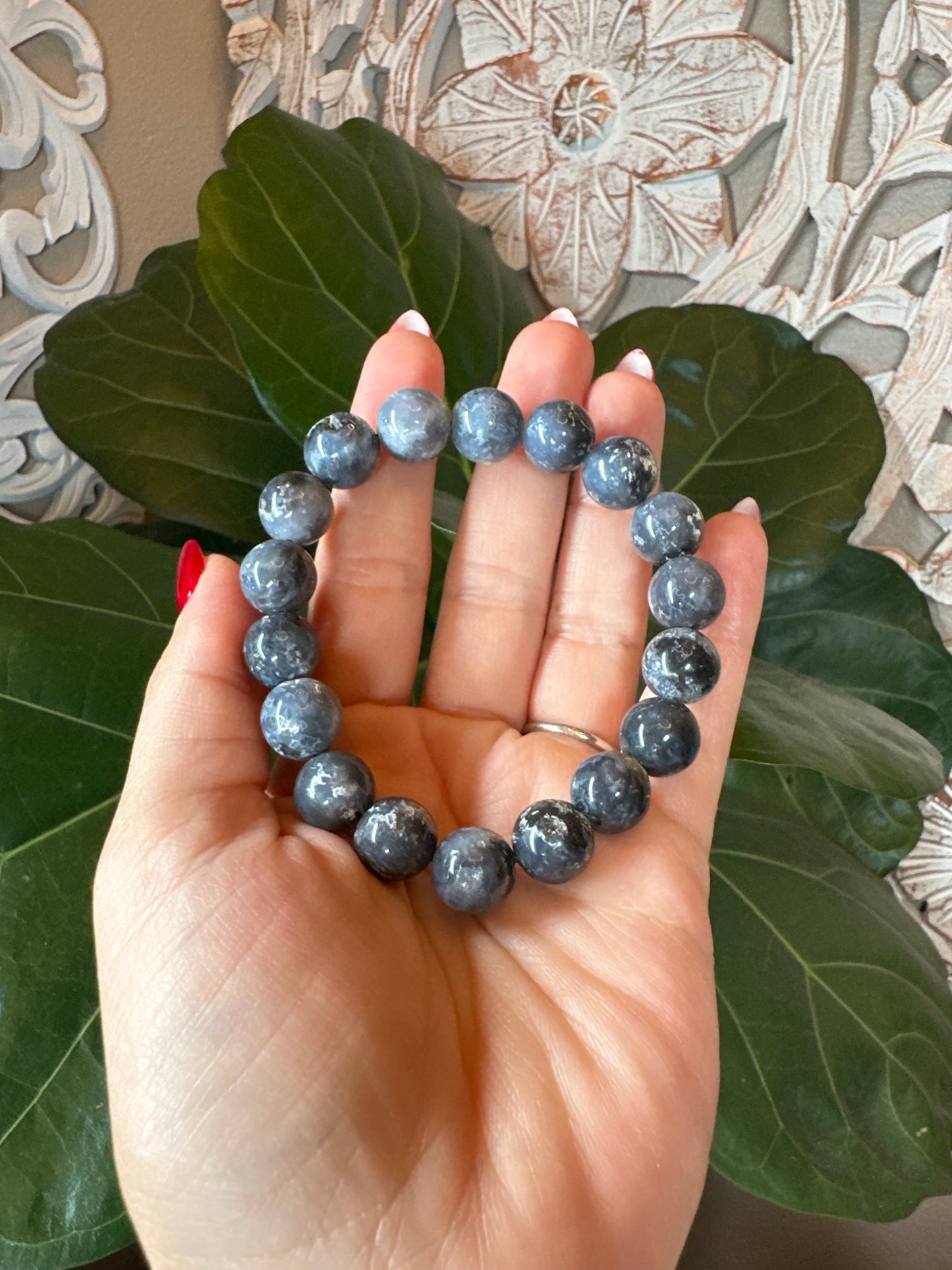 Blue Plume Agate Beaded Bracelet (12mm)