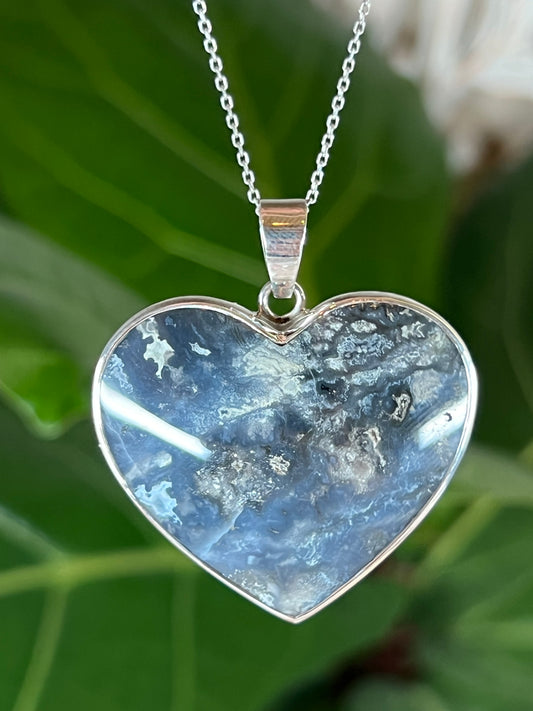 Blue Plume Agate Heart Pendant