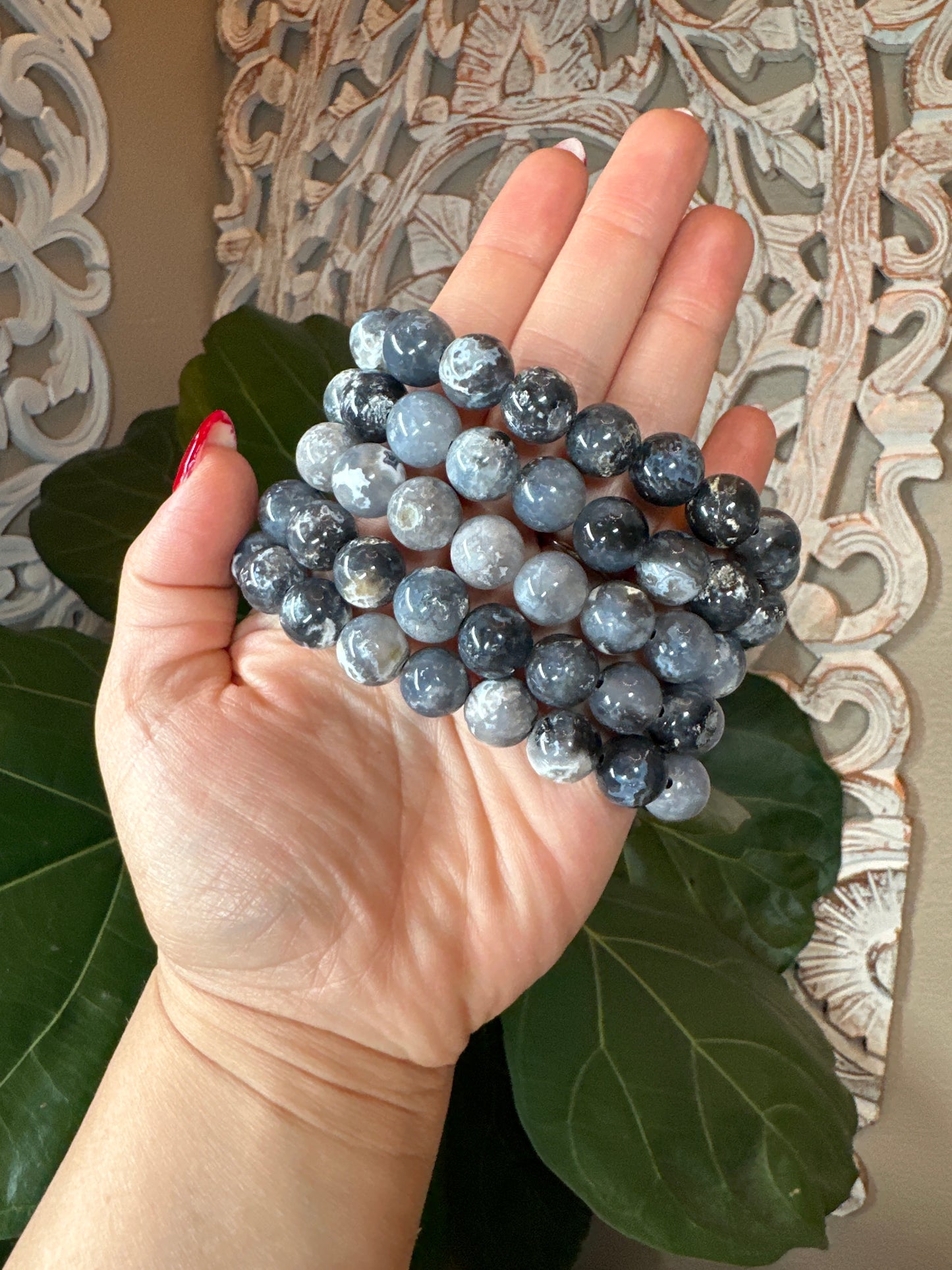 Blue Plume Agate Beaded Bracelet (12mm)