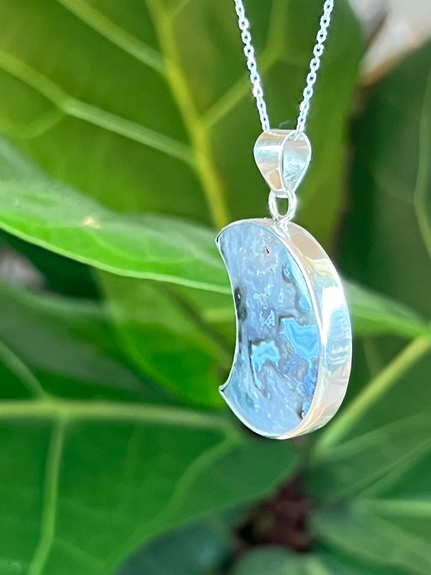 Blue Plume Agate Moon Pendant