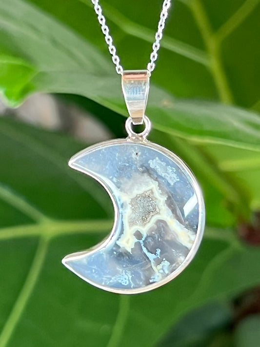 Blue Plume Agate Moon Pendant