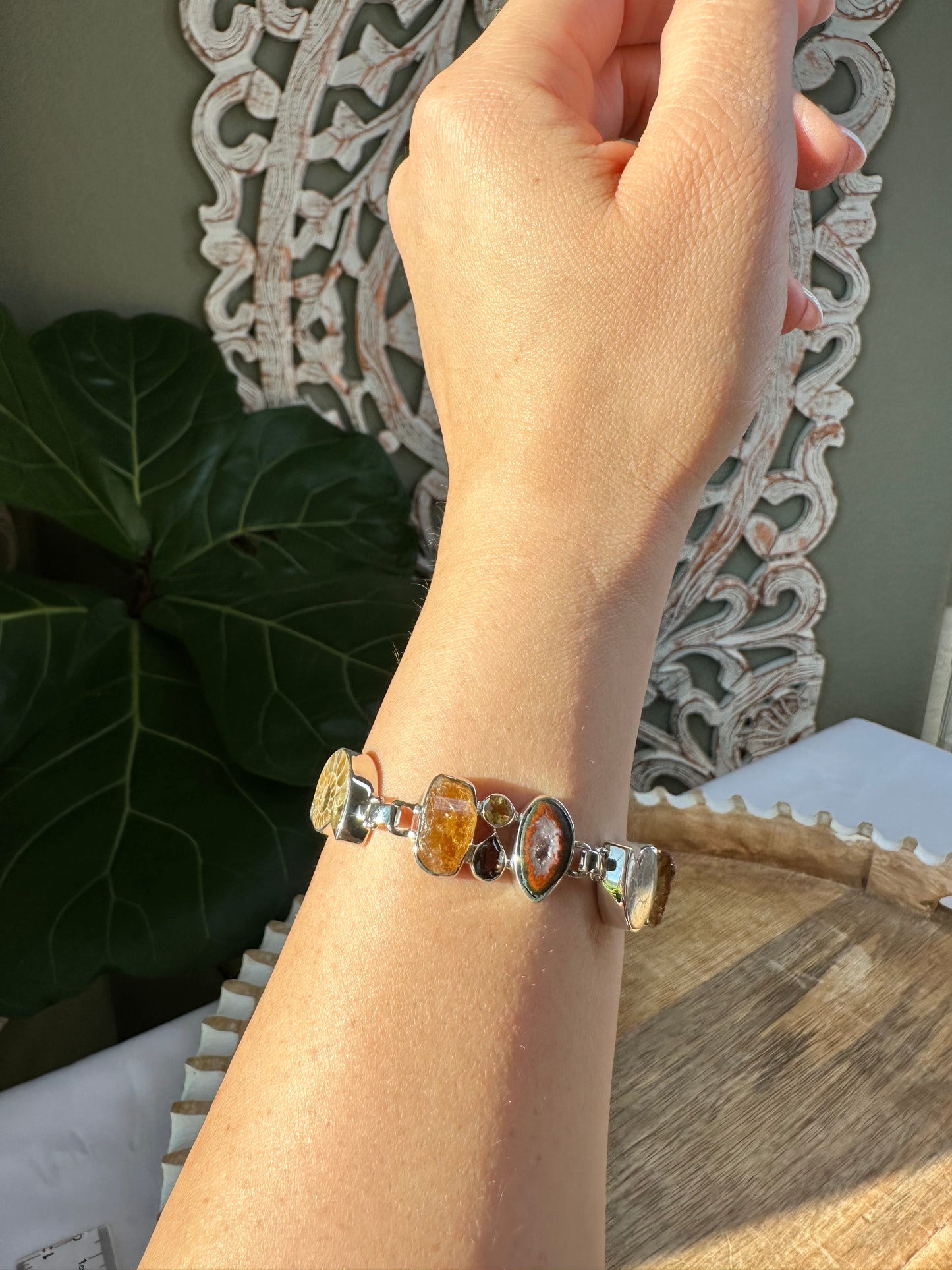 Ammonite, Citrine, Mexican Oco Geode, & Smoky Quartz Infinity Bracelet