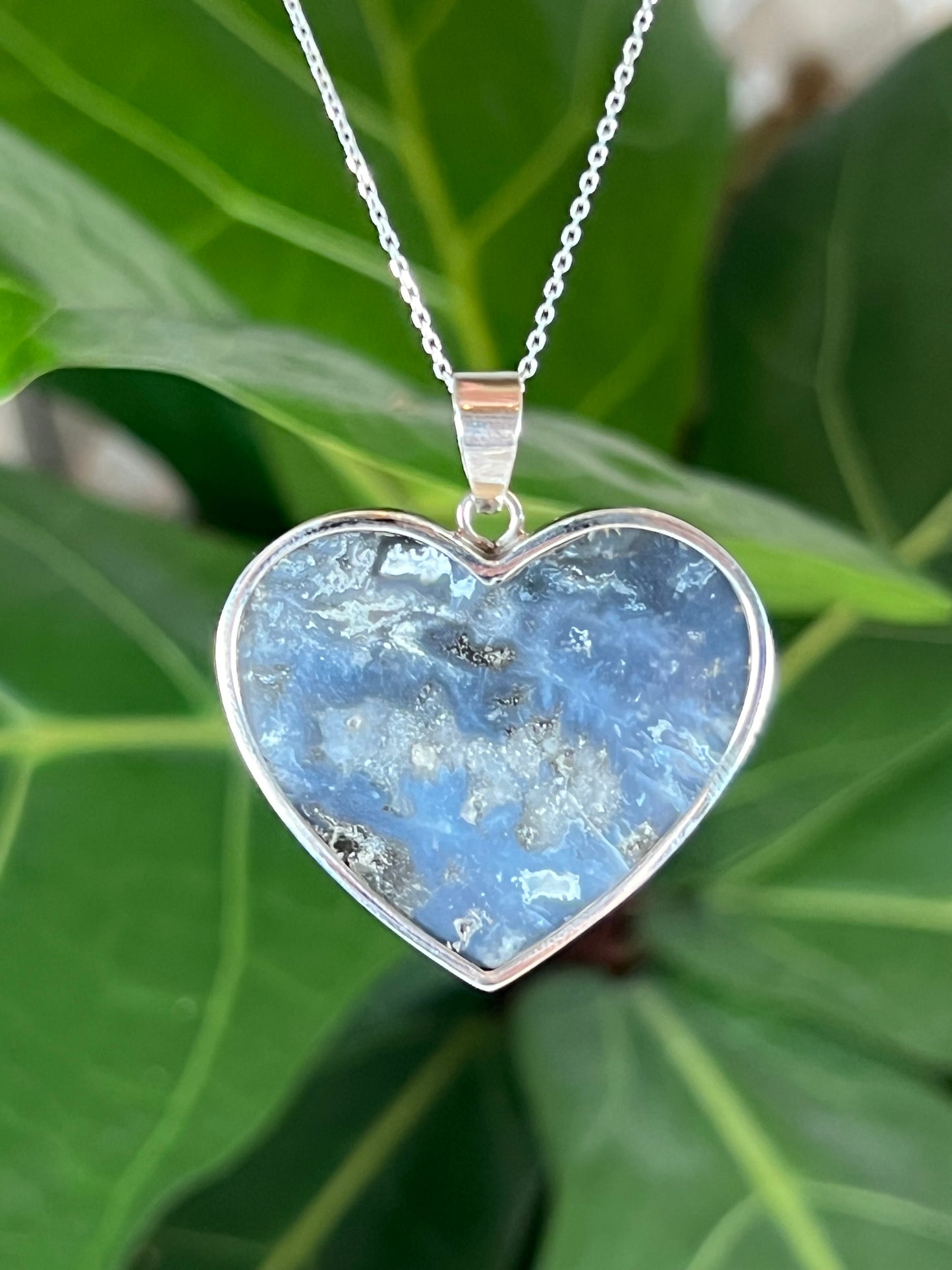 Blue Plume Agate Heart Pendant