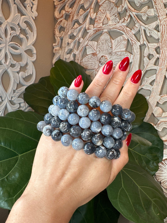 Blue Plume Agate Beaded Bracelet (12mm)