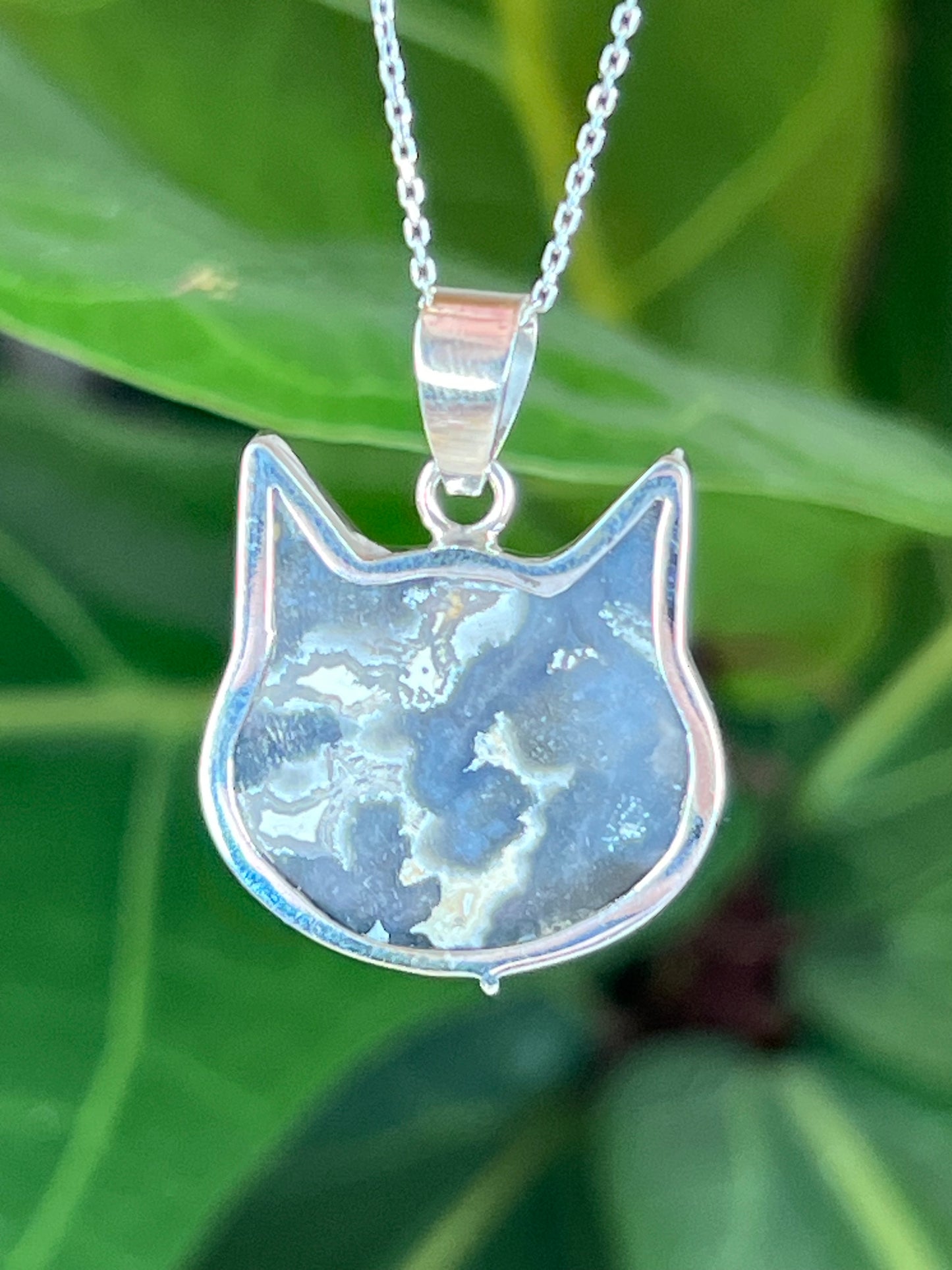 Blue Plume Agate Cat Pendant