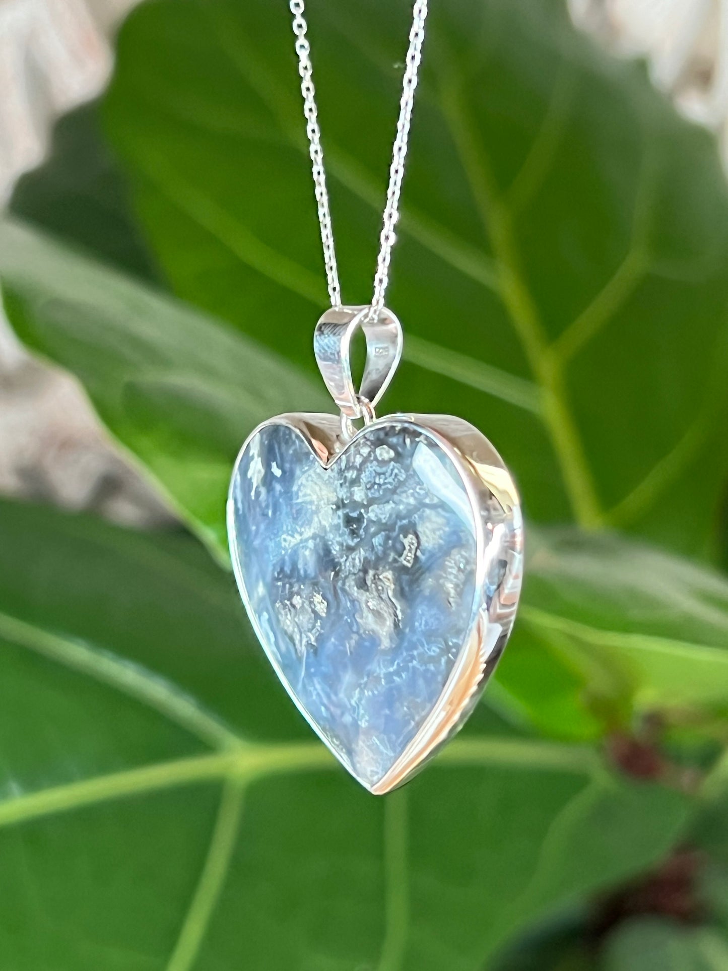 Blue Plume Agate Heart Pendant