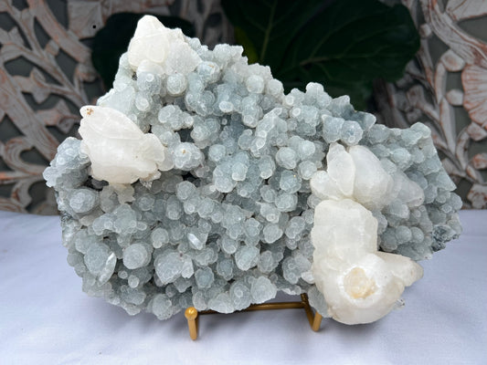 Apophyllite on Calcites on Blue Stalactite Chalcedony Specimen