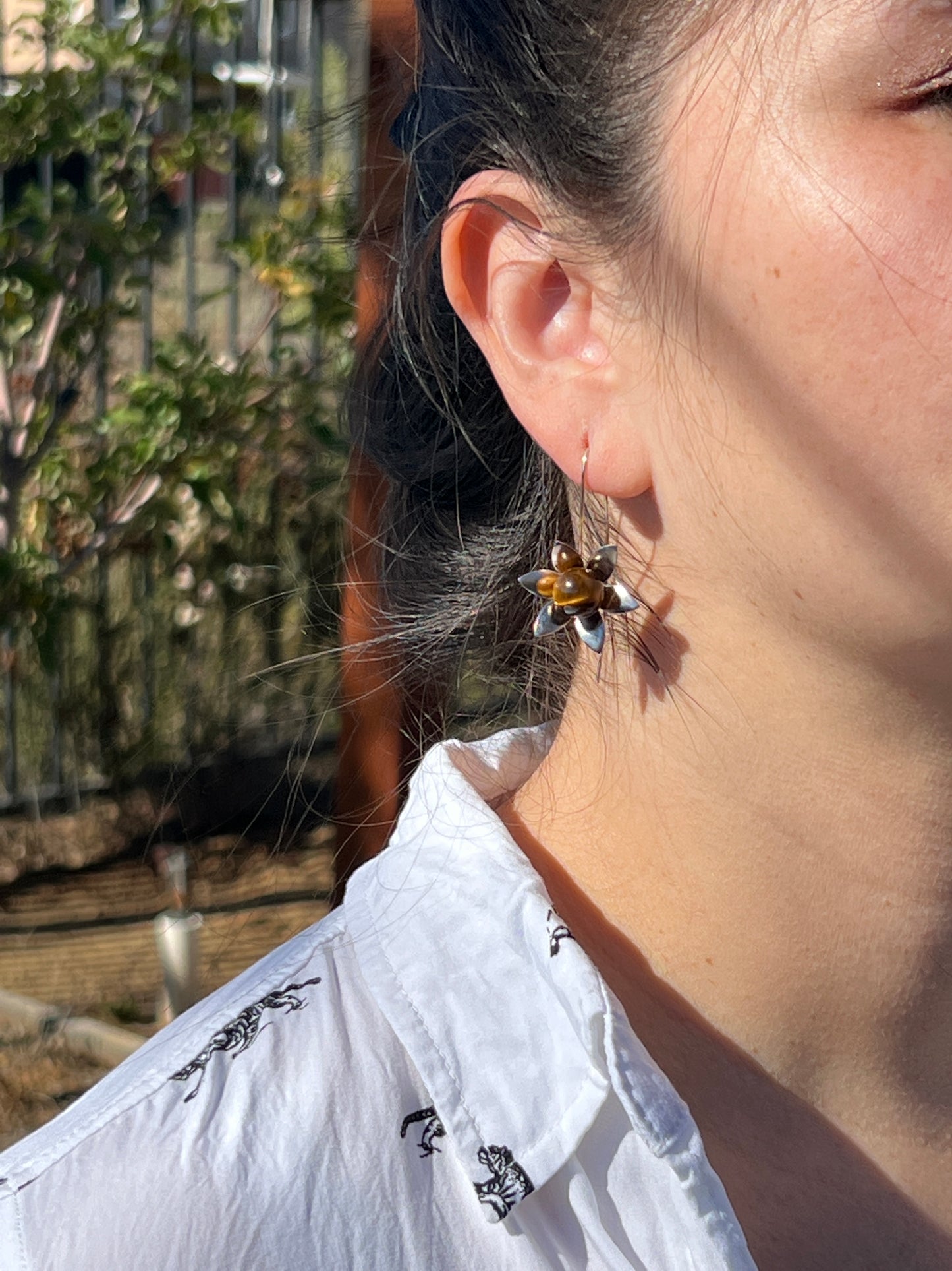 Flower Gemstone Hook Earrings